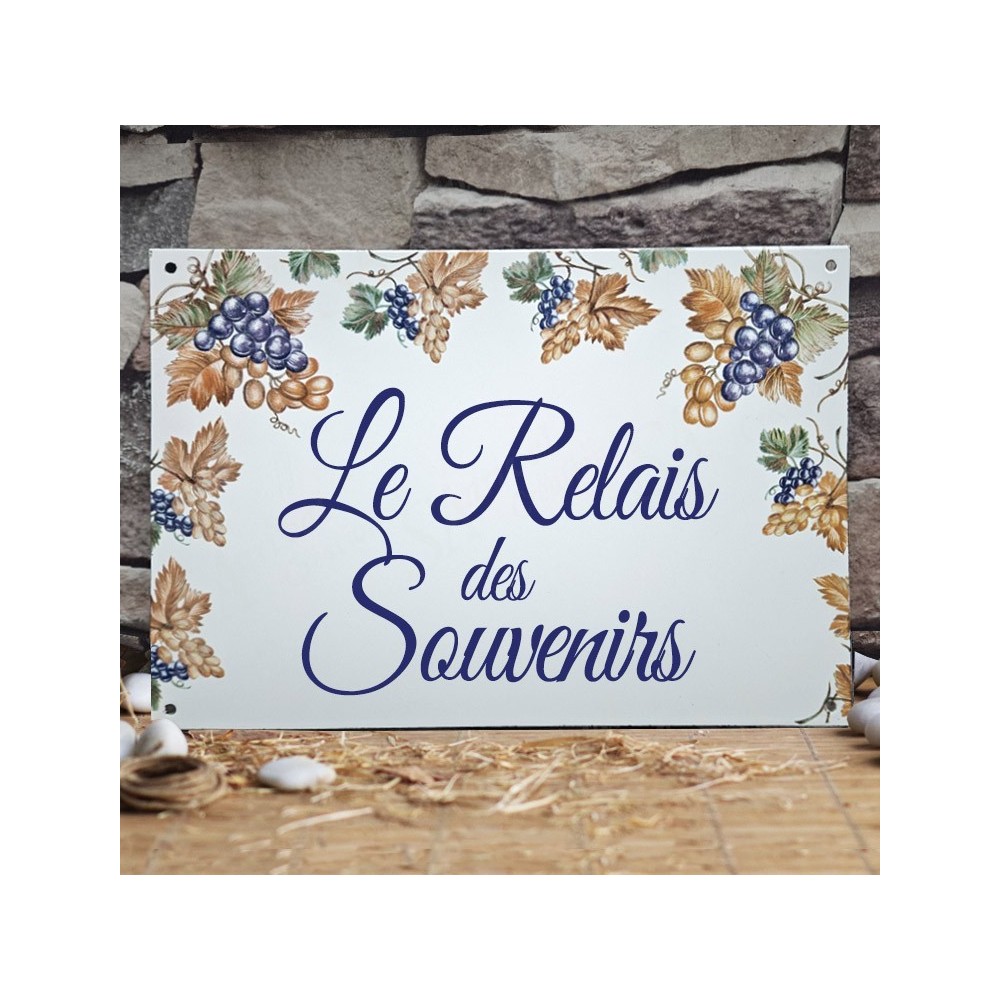 Plaque de Maison décor Grappe de raisins en émail avec votre texte personnalisé