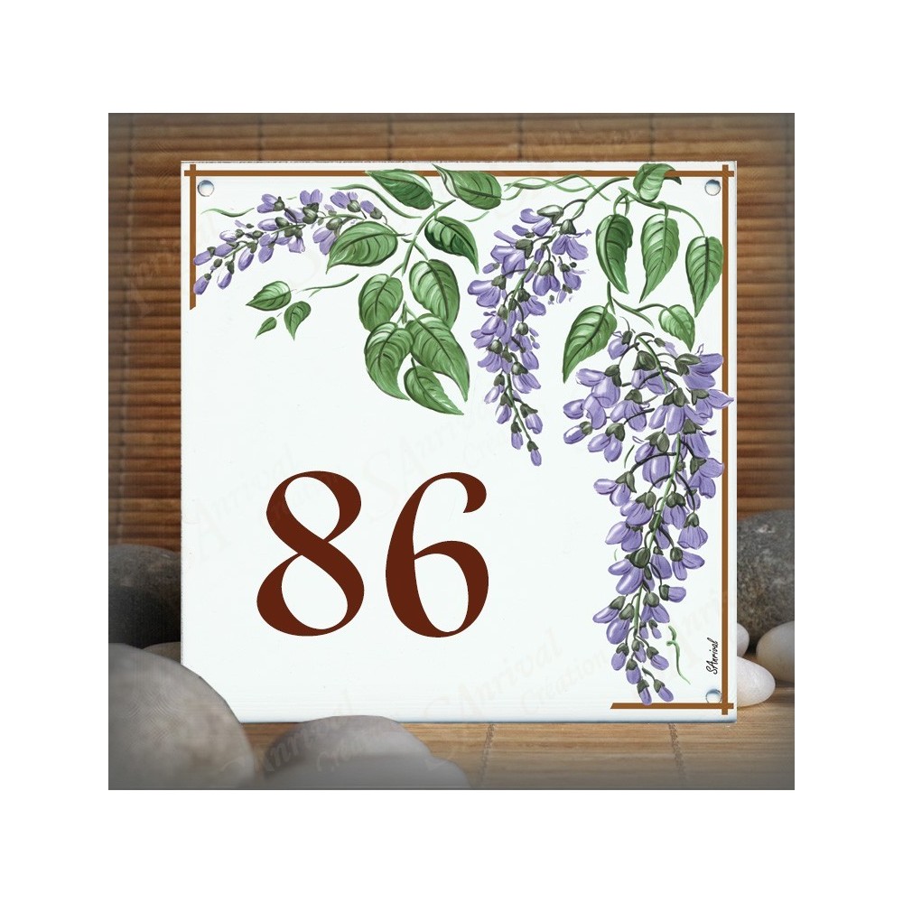 Numéro de rue émaillé décor Glycines 15x15cm