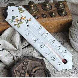 Thermomètre émail blanc 20cm décor Eglantier